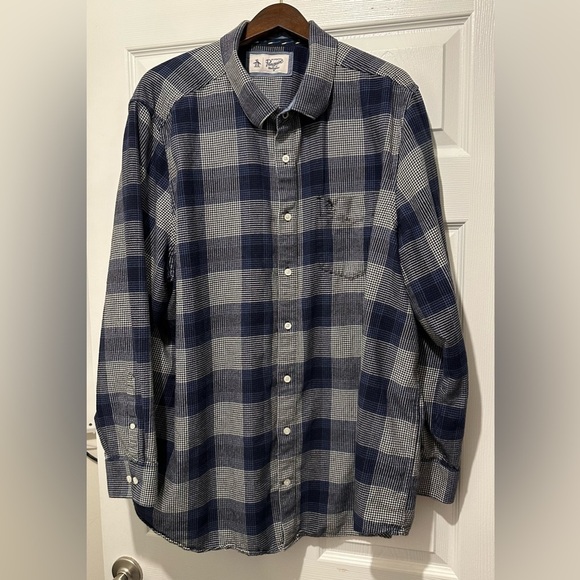 PENGUIN XXL Navy Blue White Plaid Flannel Button Down Shirt R $98 - Picture 2 of 10